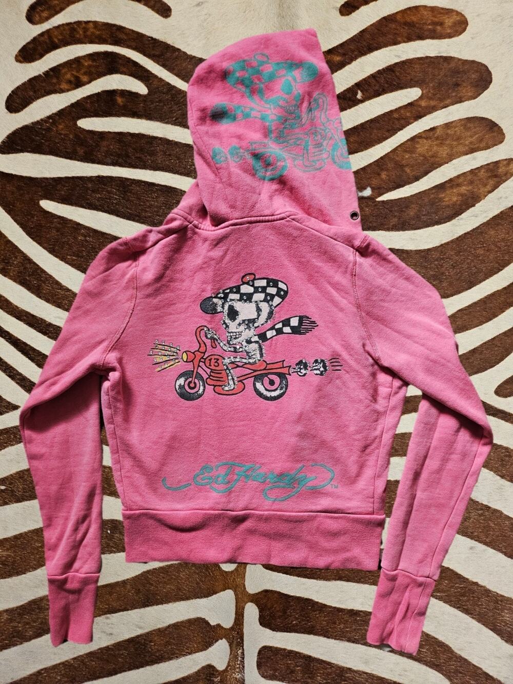 Vintage Y2K Ed Hardy Pink Zip Hoodie Rhinestone Skeleton Motorcycle *No Zipper